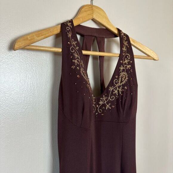 SALE! Brown DJ Nights Beaded Halter Long Gown Y2K Size 3/4 EUC - Picture 3 of 6